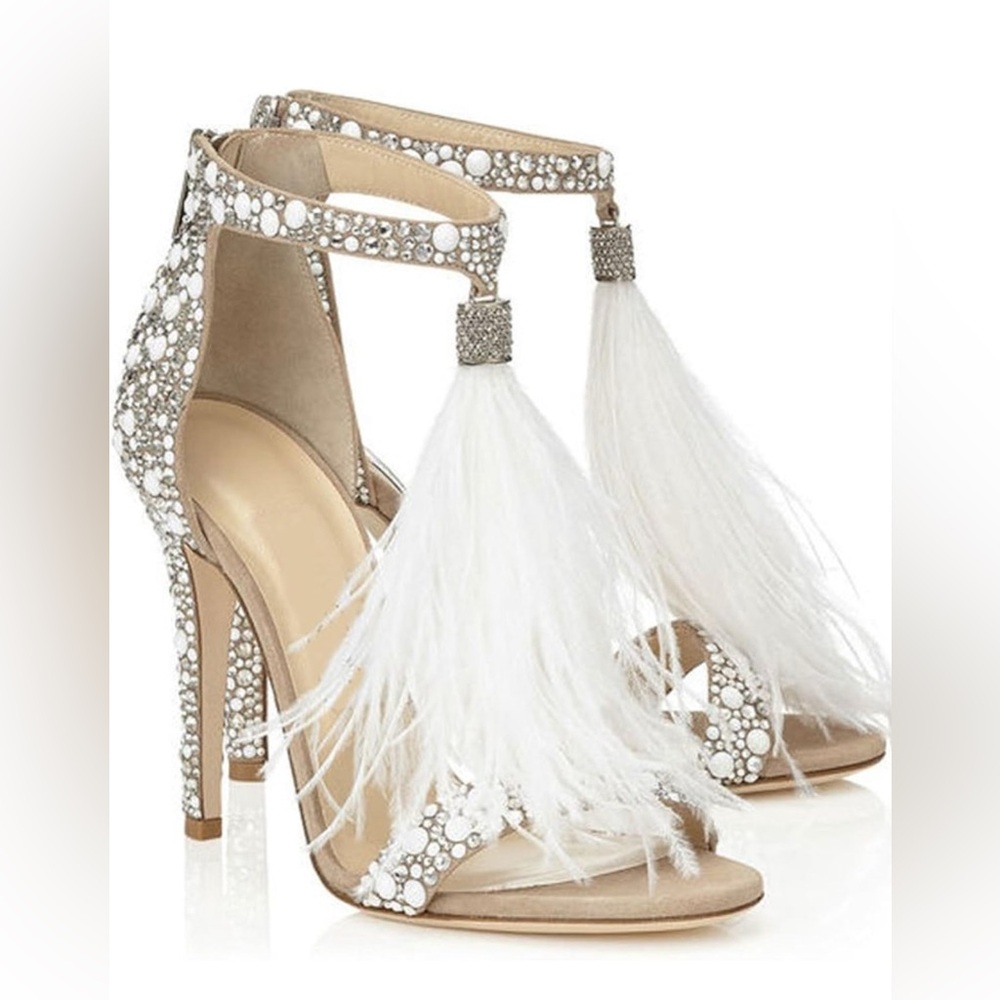 Glamorous White Feather Embellished Stiletto Heels